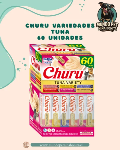 Snack cremoso para gatos sabor atún. Grain free, bajo en calorías y perfecto para uso diario. Pack familiar de 60 tubos (14 g c/u). Churu variety tuna - 14gr/ 60 unidades