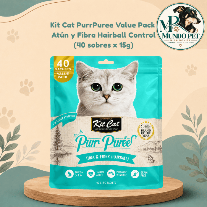 Kit Cat PurrPuree Value Pack  Atún y Fibra Hairball Control (40 sobres x 15g)